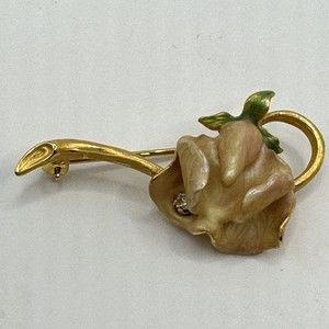 JOAN RIVERS IVORY ENAMEL ORCHID RHINESTONE FLOWER GOLD LAPEL PIN BROOCH